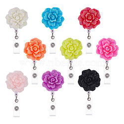 9Pcs Resin Rose Flower Badge Reels, with Plastic Retractable Badge Holder, Platinum, Mixed Color, 125mm(HJEW-FH00285)