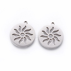 201 Stainless Steel Pendants, Manual Polishing, Flat Round with Sun, Stainless Steel Color, 18x16x1.5mm, Hole: 1.2mm(X-STAS-F231-058P)