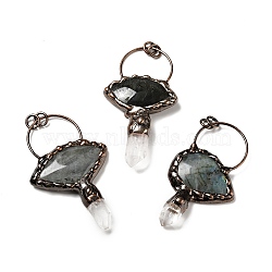 Natural Quartz Crystal & Labradorite Nuggets Big Pendants, Large Hole Pendants, with Red Copper Tone Brass Findings, Cadmium Free & Lead Free, Fan-shaped, 77~83x42~49x11~13mm, Hole: 6mm(G-D468-19R)