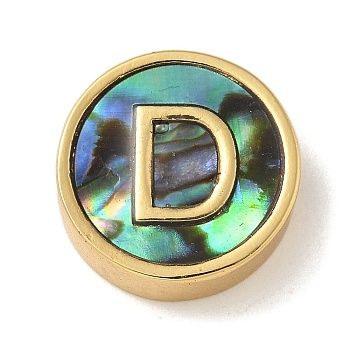 Brass Beads, with Resin Imitation Paua Shell, Flat Round, Real 14K Gold Plated, Letter D, 13.5x4mm, Hole: 1.6mm