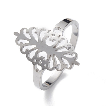 Hollow Out Leaf 304 Stainless Steel Open Cuff Ring for Women, Stainless Steel Color, Inner Diameter: 18mm