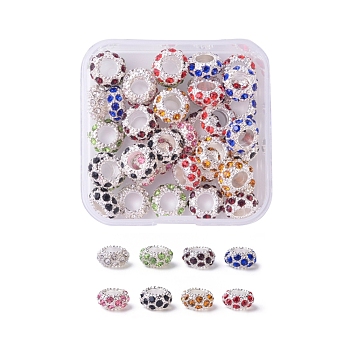 Silver Color Plated Alloy Rhinestone European Beads, Large Hole Beads, Rondelle, Mixed Color, 11x6mm, Hole: 5mm, 8colors, 5pcs/color, 40pcs/box