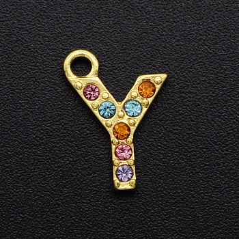 Alloy Rhinestone Charms, Golden, Colorful, Letter, Letter.Y, 12.5x9x2mm, Hole: 1.5mm