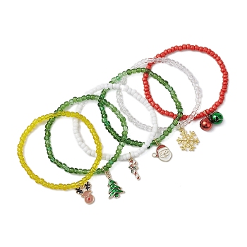 6 Pcs Glass Seed Beaded Stretch Bracelets for Women, Christmas Theme Alloy Enamel Charm Bracelet, Christmas Tree/Deer/Santa Claus, Mixed Color, Inner Diameter: 2-1/4 inch(5.8cm), 6pcs/set