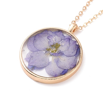 Dry Pressed Real Flower Resin Pendant Necklace, Light Gold Alloy Choker Necklace for Women, Lilac, 19.69 inch~20.47 inch(50~52cm)