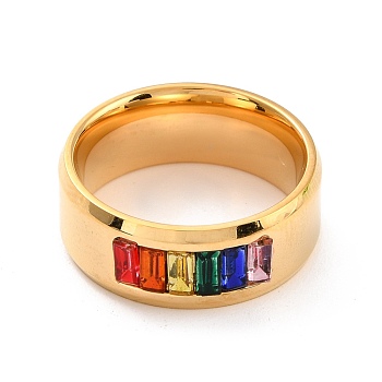 Rainbow Pride Finger Ring, Wide Flat Titanium Steel Finger Ring for Men Women, Golden, US Size 7(17.3mm)