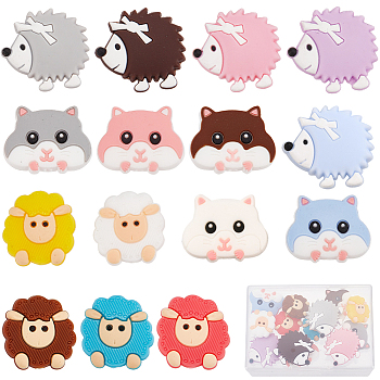15Pcs 15 Style Animal Theme Food Grade Eco-Friendly Silicone Beads, Chewing Beads For Teethers, DIY Nursing Necklaces Making, Sheep/Hamster/Hedgehog, Mixed Color, 23~31x22~33x9.5~10mm, Hole: 2mm, 1pc/style