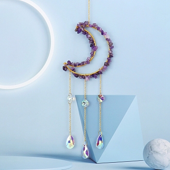 Glass & Brass Moon Pendant Decorations, Suncatchers, Rainbow Maker, with Chips Amethyst, for Home Decoration, 520mm
