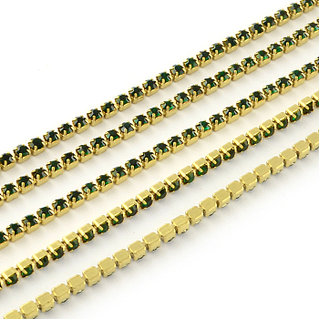 Nickel Free Raw(Unplated) Brass Rhinestone Strass Chains, Rhinestone Cup Chain, 2880pcs rhinestone/bundle, Grade A, Emerald, 2.2mm, about 23.62 Feet(7.2m)/bundle