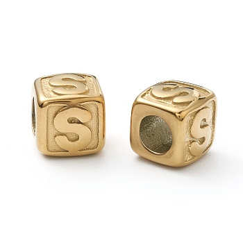 304 Stainless Steel European Beads, Large Hole Beads, Horizontal Hole, Cube with Letter, Golden, Letter.S, 8x8x8mm, Hole: 4mm