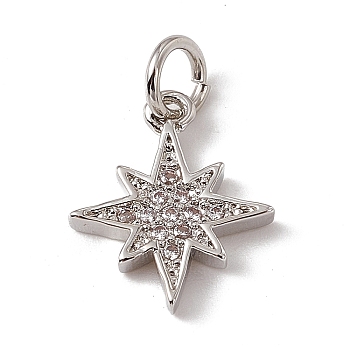 Brass Micro Pave Cubic Zirconia Charms, with Jump Rings, Shining Star Charms, Platinum, 13x11.5x2mm, Hole: 3.4mm