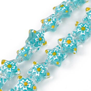 Handmade Lampwork Beads Strands, with Enamel, Star with Sakura Pattern, Cyan, 13x13.5x12mm, Hole: 1mm, about 33pcs/strand, 14.72 inch(37.4cm)
