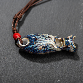 Fish Porcelain Whistle Pendant Necklaces with Adjustable Wax Cord, Prussian Blue, 17.72~31.50 inch(45~80cm)