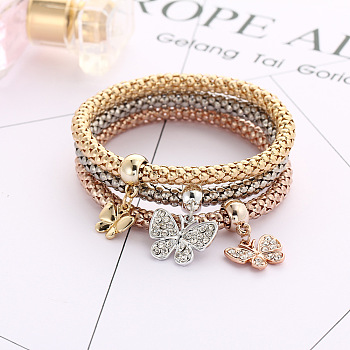 3Pcs Alloy Rhinestone Charm Bangle Set, Stackable Bangles for Women, Butterfly, Inner Diameter: 2-3/4 inch(7cm)