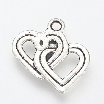 Tibetan Style Alloy Pendants, Heart with Heart, Cadmium Free & Lead Free, Antique Silver, 18.5x18x1.5mm, Hole: 2mm, about 1000pcs/1000g