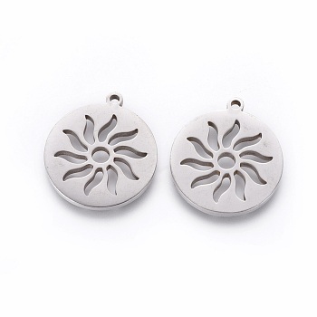 201 Stainless Steel Pendants, Manual Polishing, Flat Round with Sun, Stainless Steel Color, 18x16x1.5mm, Hole: 1.2mm