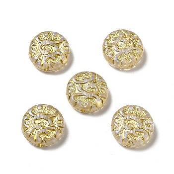 UV Plating Acrylic Beads, Golden Metal Enlaced, Flat Round with Floral, Gold, 14x5.5mm, Hole: 1.2mm, about 690pcs/500g