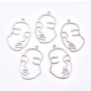 Alloy Pendants, Long-Lasting Plated, Face, Platinum, 43.5x28x14.5mm, Hole: 2mm