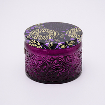 Glass Storage Box, Container for Jewelry, Aromatherapy Candle, Candy Box, with Slip-on Lid, Flower Pattern, Purple, 7.1x5.2cm, Capacity: 125ml(4.23 fl. oz)