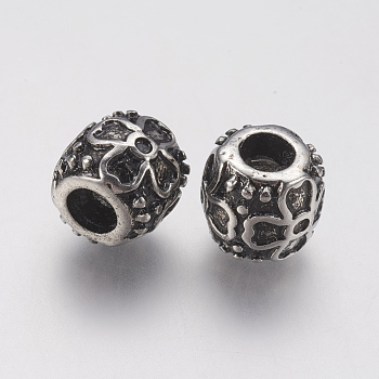 Ion Plating(IP) 304 Stainless Steel European Beads, Large Hole Beads, Column with Flower, Antique Silver, 11x10mm, Hole: 5mm