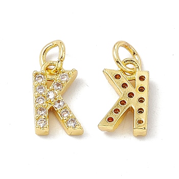 Real 18K Gold Plated Brass Micro Pave Clear Cubic Zirconia Charms, with Jump Ring, Letter.K, 11x6.5x2.5mm, Hole: 3.4mm