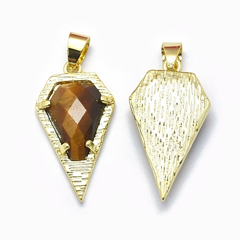 Natural Tiger Eye Pendants, with Brass Findings, Diamond, Faceted, Golden, 28x15x5.5mm, Hole: 4mm
