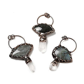 Natural Quartz Crystal & Labradorite Nuggets Big Pendants, Large Hole Pendants, with Red Copper Tone Brass Findings, Cadmium Free & Lead Free, Fan-shaped, 77~83x42~49x11~13mm, Hole: 6mm