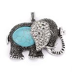 Synthetic Turquoise Big Pendants, with Alloy Findings and Crystal Rhinestone, Lead Free & Cadmium Free, Elephant, Antique Silver, 45x65x19mm, Hole: 8.5x4mm(PALLOY-I214-01AS)