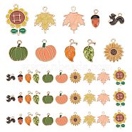 40Pcs 10 Style Autumn Theme Alloy Enamel Pendants, Light Gold, Squirrel & Pumpkin & Maple Leaf, Mixed Color, 13~28x10~20x1.2~2mm, Hole: 1.6~2mm, 4pcs/style(ENAM-SC0003-40)