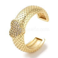 Rack Plating Brass Pave Clear Cubic Zirconia OPen Cuff Rings, Cadmium Free & Lead Free, Long-Lasting Plated, Heart, Real 18K Gold Plated, Adjustable(RJEW-M172-12G)