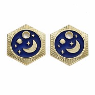 Rack Plating Alloy Pendants, with Enamel, Cadmium Free & Lead Free, Hexagon with Moon & Star, Light Gold, Blue, 23x20x1.5mm, Hole: 3mm(PALLOY-S132-232-RS)