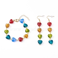 Handmade Silver Foil Glass Link Bracelets & Dangle Earring Sets, with 304 Stainless Steel Earring Hooks & Lobster Claw Clasps and Brass Curb extender Chain, Heart, Golden, Colorful, 7.87 inch(200mm), 3.74 inch(95mm), Pin: 0.5mm(SJEW-JS01172)
