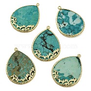 Natural Turquoise Dyed Pendants, Teardrop Charms with Rack Plating Golden Plated Brass Findings, 37x27.5x4mm, Hole: 1.6mm(G-E609-02G-03)