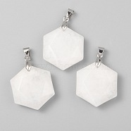 Faceted Natural White Jade Pendants, with Platinum Tone Brass Findings, Hexagon, 28x25x9mm, Hole: 4x5mm(X-G-F340-03O)