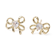 Bowknot Brass Stud Earrings, with Clear Cubic Zirconia, Long-Lasting Plated, Lead Free & Cadmium Free, Real 18K Gold Plated, 13.5x15.5mm(EJEW-M245-04G)