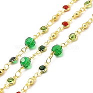 Handmade Brass Glass Link Chain, Soldered, with Spool, Flat Round, Cadmium Free & Lead Free, Real 18K Gold Plated, Flat Round: 10x4.5x2mm, Round: 6x5.5mm(CHC-I045-22G)