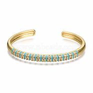 Brass Micro Pave Clear Cubic Zirconia Cuff Bangles, with Enamel, Nickel Free, Real 16K Gold Plated, Sky Blue, Inner Diameter: 2-3/8x1-3/4 inch(5.9x4.5cm)(BJEW-N302-005C-NF)