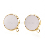 Brass Stud Earring Findings, with Enamel and Loop, Flat Round, Nickel Free, Real 18K Gold Plated, Creamy White, 16.5x14mm, Hole: 1.5mm, Pin: 0.7mm(KK-S345-270C-G)