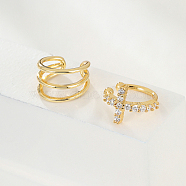 Real 18K Gold Plated Brass Cuff Earrings, Cubic Zirconia Asymmetrical Earrings, Cross, 12mm(GM4836-1)