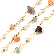 Natural Mixed Gemstone Chips & Glass Pearl Beaded Chains, with Brass Findings, Lead Free & Cadmium Free, Soldered, with Spool, Real 18K Gold Plated, 10x4.5x2.5mm, 17x4~10x3~7mm(CHC-G017-12G)