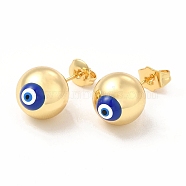 Enamel Evil Eye Stud Earrings, Real 18K Gold Plated Brass Ball Post Earrings for Women, Blue, 12mm, Pin: 0.7mm(EJEW-E274-01G-02)