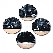 Opaque Resin & Walnut Wood Pendants, Two Tone, Flat Round, Black, 38.5x3.5mm, Hole: 2mm(RESI-T035-25-B02)