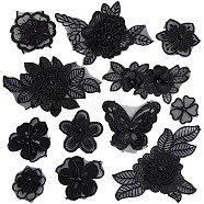 Computerized Embroidery Organza Sew on Patches, Costume Accessories, Appliques, with Plastic Beads, Flower & Butterfly, Black, 35~320x32~150x5~9mm, 12pcs/set(PATC-WH0006-02)