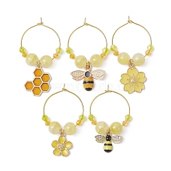 Bees & Honeycomb Alloy Enamel Wine Glass Charms, with Imitation Jade Glass Beads and Brass Rings, Mixed Color, 43.5~52mm(AJEW-JO00220)