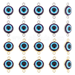 20Pcs 2 Styles Evil Eye Resin Connector Charms, with 304 Stainless Steel Findings, Flat Round, Golden & Stainless Steel Color, 13.5x21x4.5mm, Hole: 2.3mm(FIND-AR0003-29)