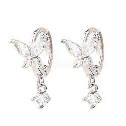 Butterfly Platinum Brass Dangle Hoop Earrings, with Clear Cubic Zirconia, Long-Lasting Plated, Lead Free & Cadmium Free, Clear, 18x7.5mm(EJEW-L270-11P-01)