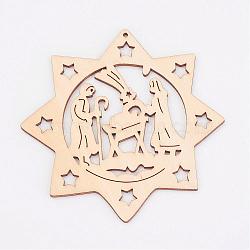 Undyed Wooden Pendant, Eight Pointed Star, For Christmas Theme, Antique White, 99.5x3mm, Hole: 2mm(WOOD-K005-02)