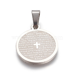 304 Stainless Steel Pendants, Flat Round with Lord's Prayer Cross, Stainless Steel Color, 21x18x1.5mm, Hole: 6x4mm(STAS-I131-10P)