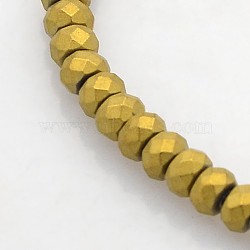 Electroplate Non-magnetic Synthetic Hematite Beads Strands, Faceted Rondelle, Frosted, Golden Plated, 3x2mm, Hole: 1mm, about 214pcs/strand, 15.7 inch(G-J208G-06)