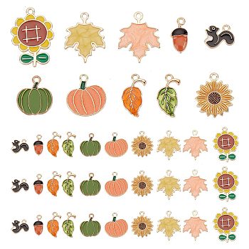 40Pcs 10 Style Autumn Theme Alloy Enamel Pendants, Light Gold, Squirrel & Pumpkin & Maple Leaf, Mixed Color, 13~28x10~20x1.2~2mm, Hole: 1.6~2mm, 4pcs/style